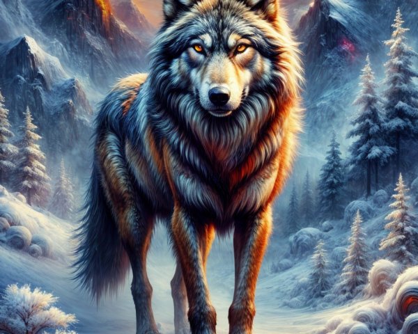 Majestic wolf in snowy landscape at sunset
