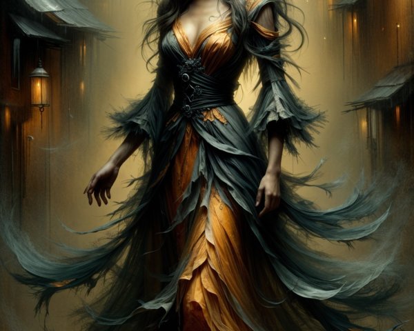 Mystical figure in orange gown among lantern-lit buildings