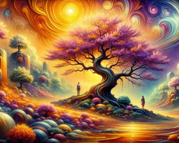 Vibrant Whimsical Landscape with Surreal Elements