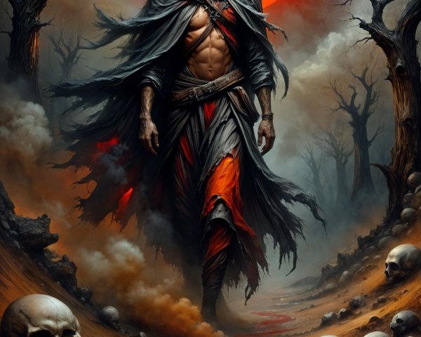 Cloaked Figure in Dark Landscape Under Blood-Red Moon