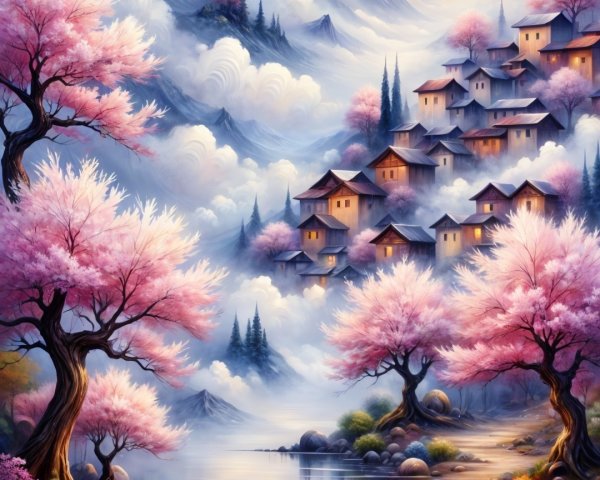 Serene Landscape with Mountains and Cherry Blossoms