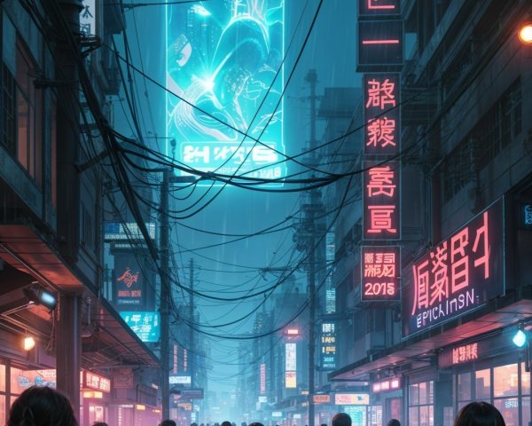 Futuristic city street with neon lights and rain