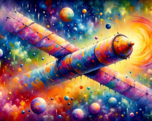 Vibrant Cosmic Scene with Colorful Spacecraft and Planets