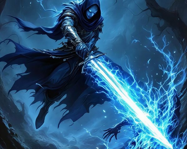 Dark Fantasy Scene with Hooded Figure and Energy Opponent