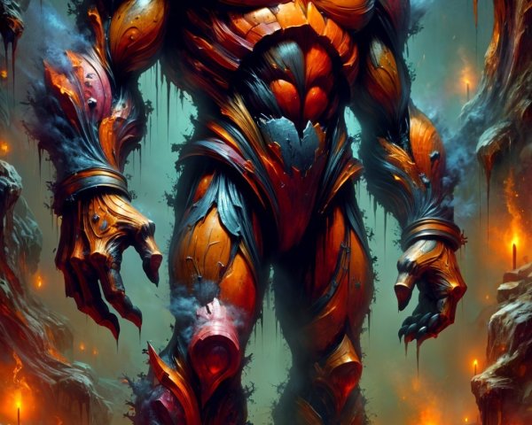 Colossal Figure in Mystical Cavern with Ethereal Flames