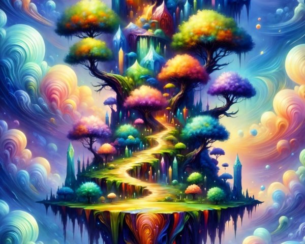 Vibrant Dreamlike Landscape with Floating Castle