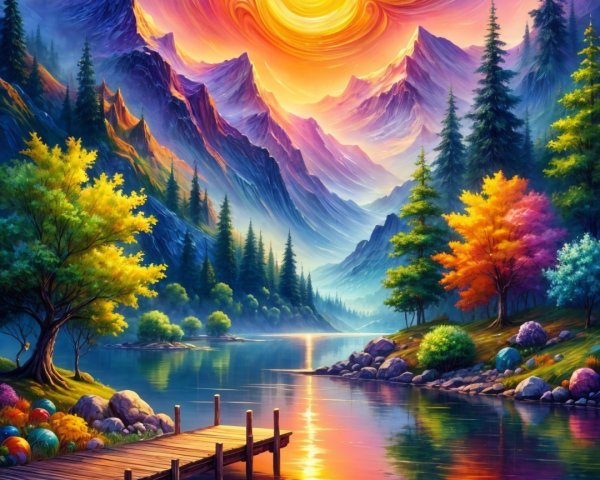 Vibrant Landscape with Lake and Majestic Mountains