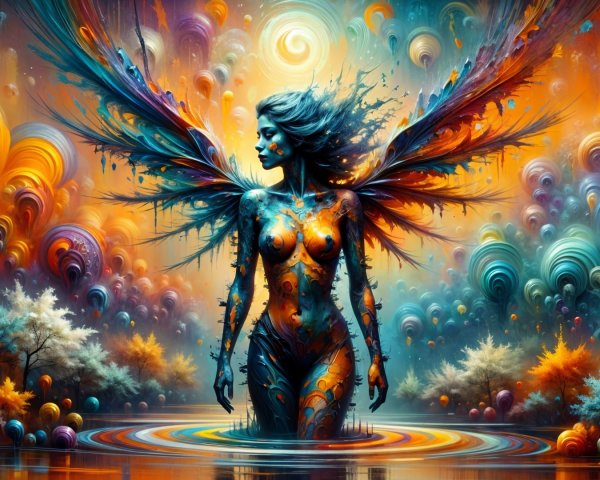 Vividly Colored Figure in Surreal Water Landscape