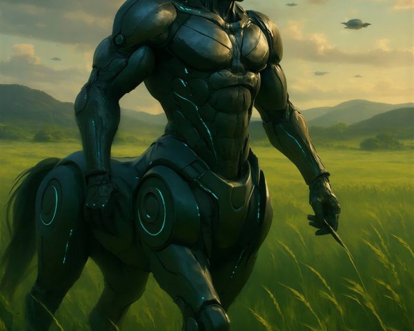 Muscular Robotic Centaur in Tall Green Grass Field