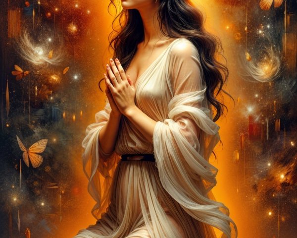 Serene Woman in Cosmic Setting with Galaxies and Light