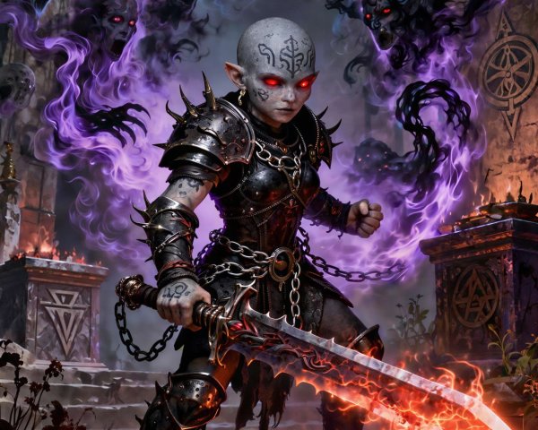 White-skinned demon elfin child in dark underworld scene