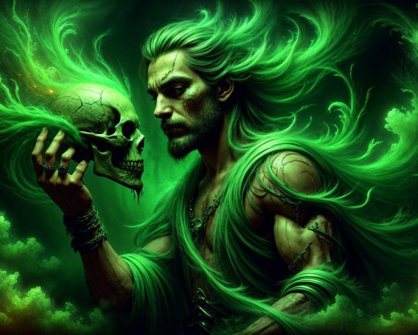 Mystical Figure with Green Hair and Skull in Hand