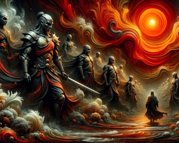 Armored Warriors in Fiery, Mythical Landscape