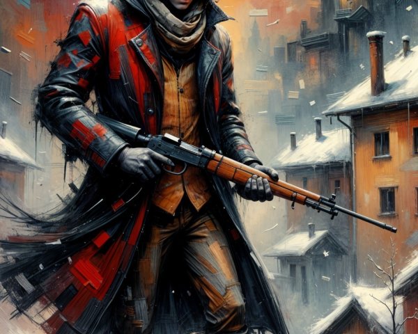 Cloaked Figure in Snowy Village Under Two Moons