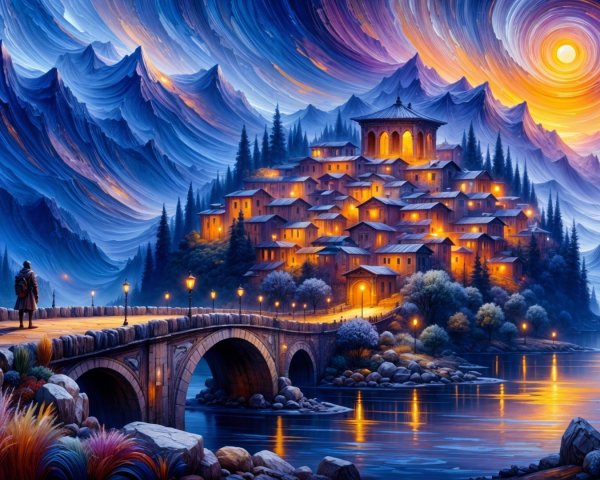 Twilight Village Scene with Mountains and River Reflection