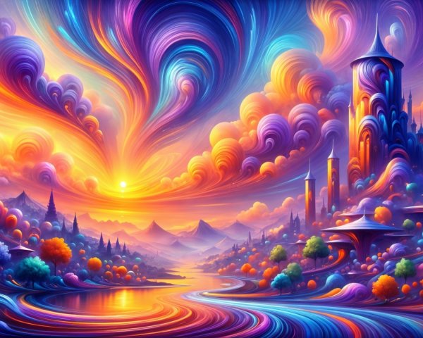 Vibrant Landscape with Sunset River and Whimsical Trees