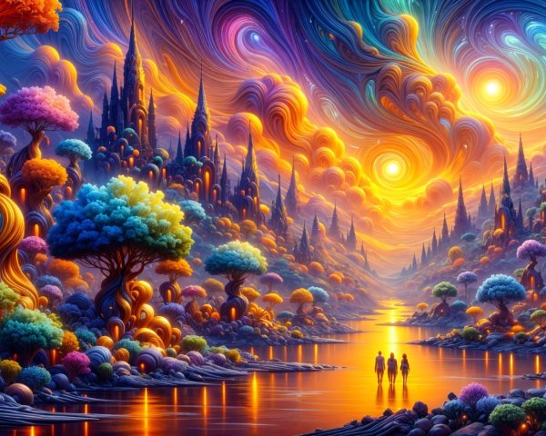 Vibrant Fantastical Landscape with Majestic Mountains