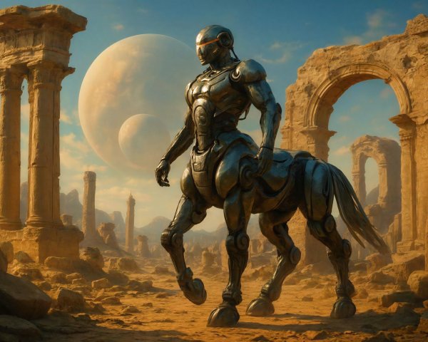 an advanced cyborg centaur in a desert landscape