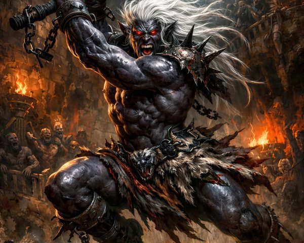 Demonic Creature with Axe in Dark Cave Setting