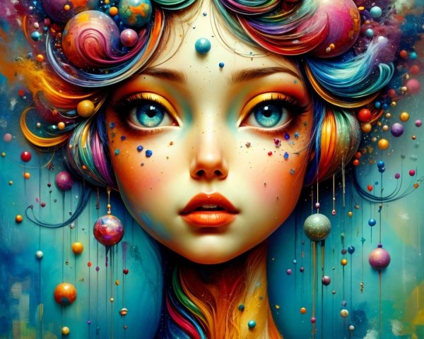 Vibrant Woman with Celestial Elements and Dreamlike Background
