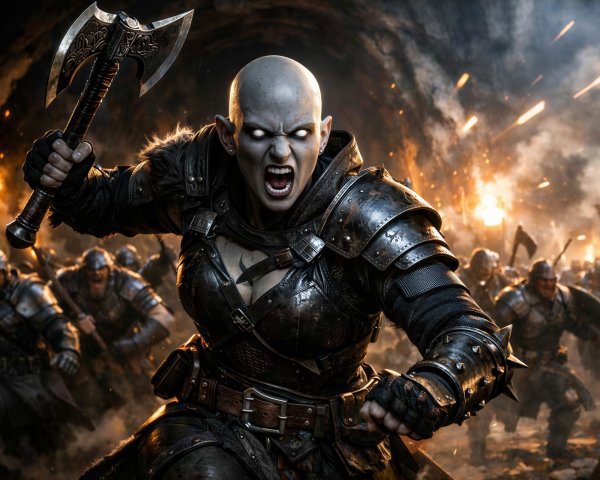 Fierce Female Warrior in Battle with Double-Bladed Axe