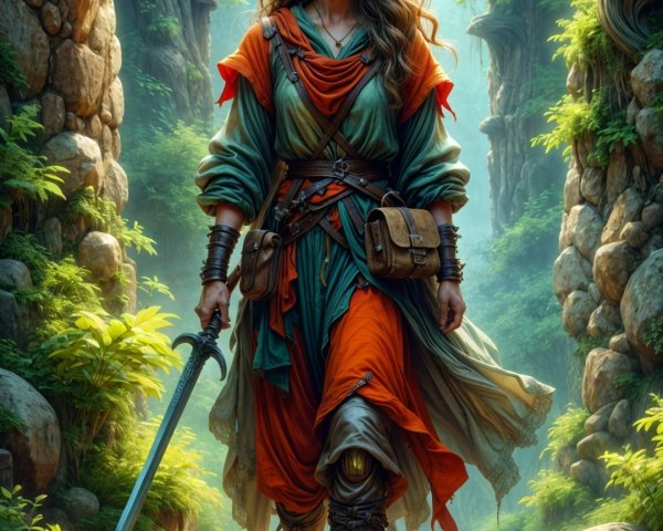 Warrior in Vibrant Garments in Mystical Forest