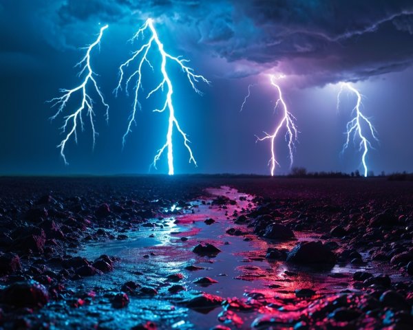 Dramatic Storm Scene with Lightning and Rocky Terrain