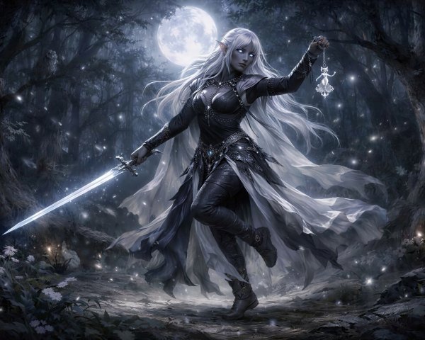 Elven Warrior in Dim Forest with Glowing Sword and Lantern