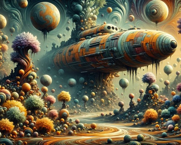 Intricate Spaceship Over Surreal Fantasy Landscape