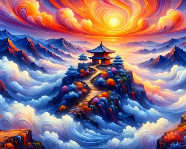 Surreal Landscape with Mountain and Pagoda at Sunset