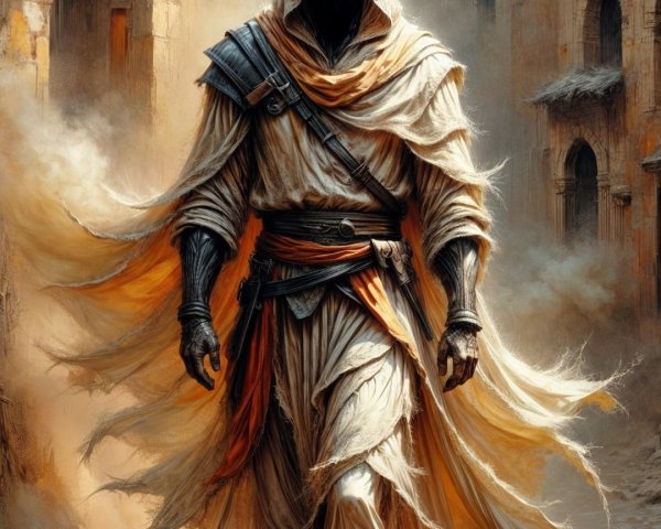 Cloaked Figure in Ancient Cityscape with Dusty Atmosphere