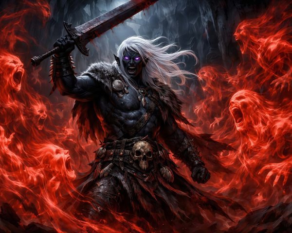 Dark Elf Warrior in Fiery Cave with Greatsword