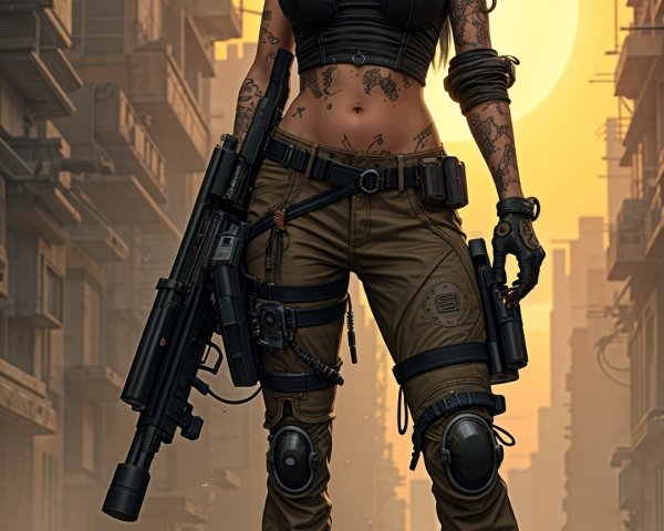 Fierce Female Warrior in Dystopian Urban Landscape