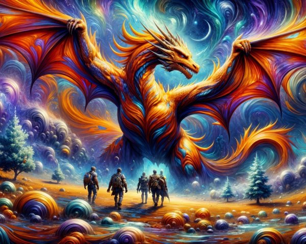 Majestic dragon in cosmic landscape with adventurers below