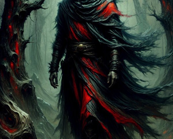Cloaked Figure with Red Eyes in Misty Forest Scene