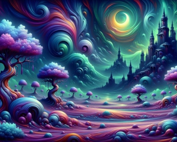 Surreal Landscape with Colorful Trees and Castle