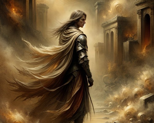 Lone Warrior in Ruins of Ancient Civilization