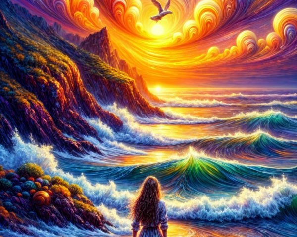 Vibrant Sunset Over Ocean with Girl on Beach