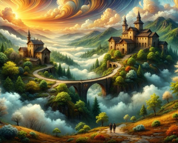 Vibrant Fantasy Landscape with Castles and Hills