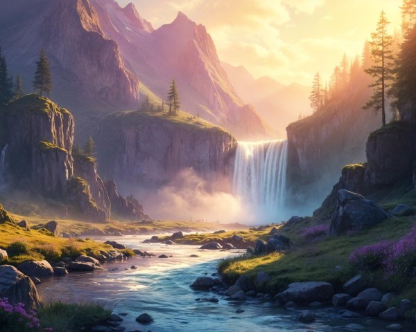 Majestic Waterfall in Lush Green Landscape at Sunset