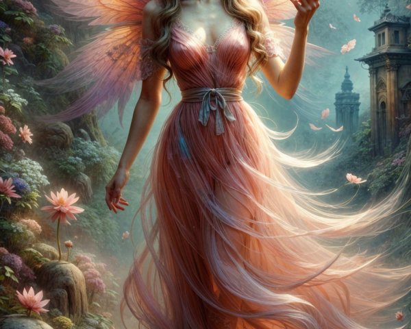 Fairy by Serene Pond with Glowing Lotus and Flowers