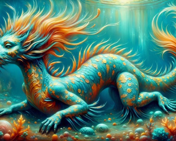Vibrant Underwater Scene with Mythical Dragon Creature