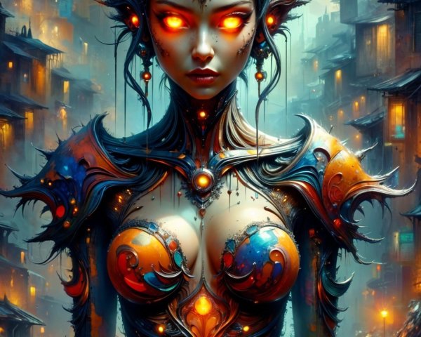 Fantasy Character in Neon Urban Landscape with Armor