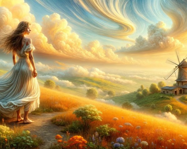 Serene Landscape with Hills, Flowers, and Windmill