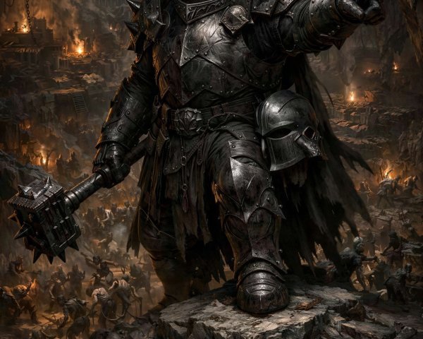 Intimidating warrior in black armor surveying battle scene