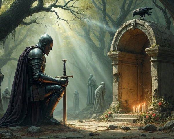 Knight at Stone Altar in Mystical Forest Setting