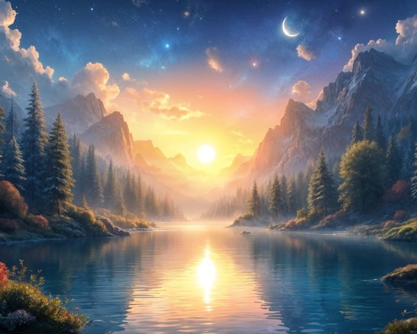 Serene Dusk Landscape with Mountains and Tranquil Lake