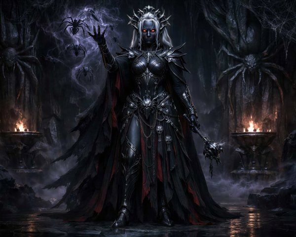 Dark Elf Woman in Elaborate Armor with Spiders and Mist