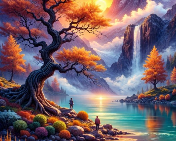 Vibrant Sunset Landscape with Tree and Waterfall