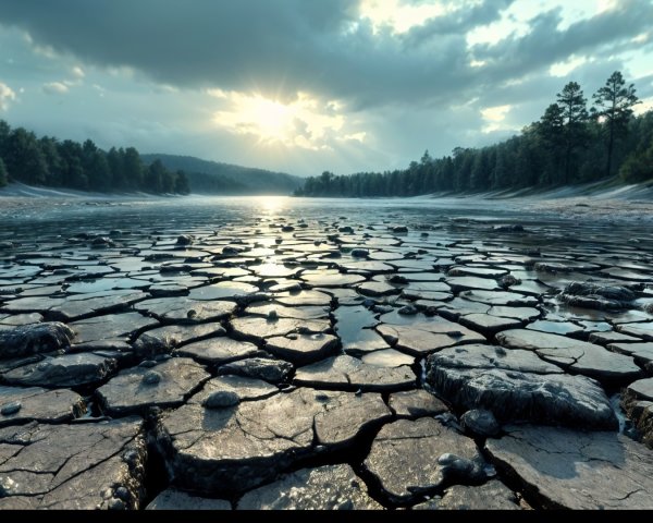 Cracked Earth Landscape with Fissures and Water Reflection